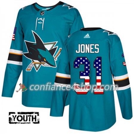 Adidas Maillot de Hockey San Jose Sharks Martin Jones 31 2017-2018 Teal USA Flag Fashion Authentic - Enfant
